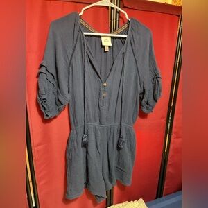 Knox Rose navy blue puff sleeve tassel tie romper Small